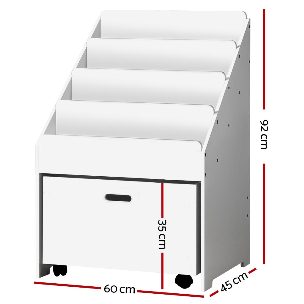 Keezi Kids White Bookshelf featuring four tiers, chalkboard labels, and a removable storage box, designed for children's safety and organization.